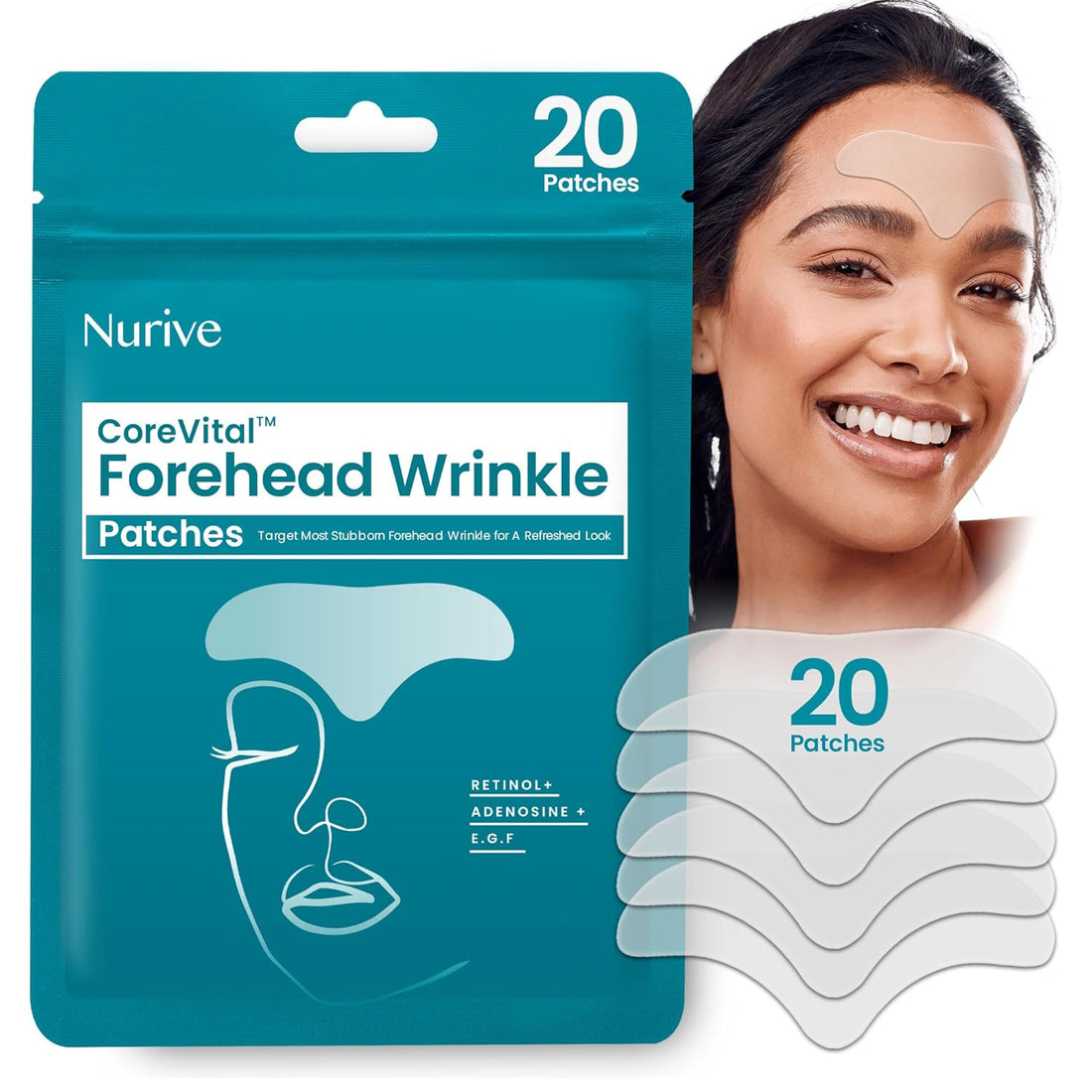 NURIVE Forehead Wrinkle Patches 20ct | Patches for Forehead Wrinkles - Hydrocolloid Strips for Wrinkle - Overnight Forehead Wrinkles Patches with Retinol - Frown Lines &amp; Forehead Lines Remover | MEDIUM (Neck)